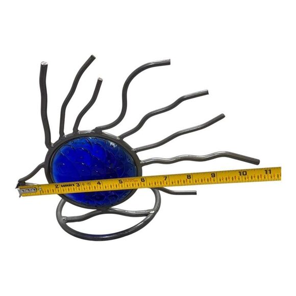 Vintage Blue Cobalt Glass Wrought Iron Fish Candle Holder Metal Art MCM Retro - Picture 5 of 5